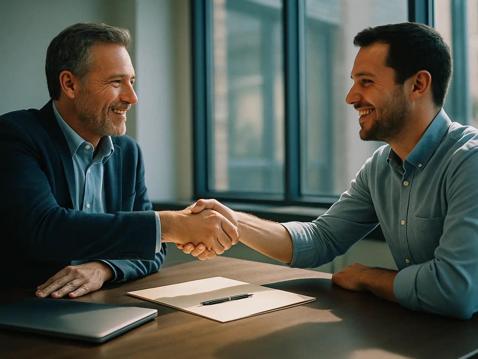 Business owner and recruiter closing an agreement across a table