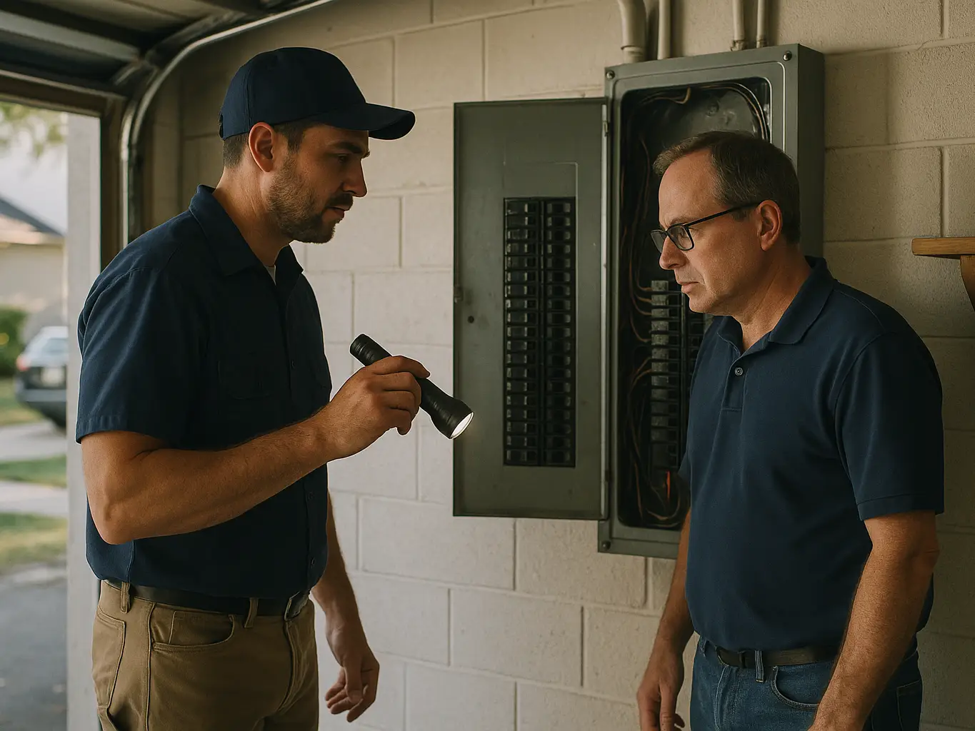 Electrician reviewing a panel upgrade with a homeowner at the open breaker box