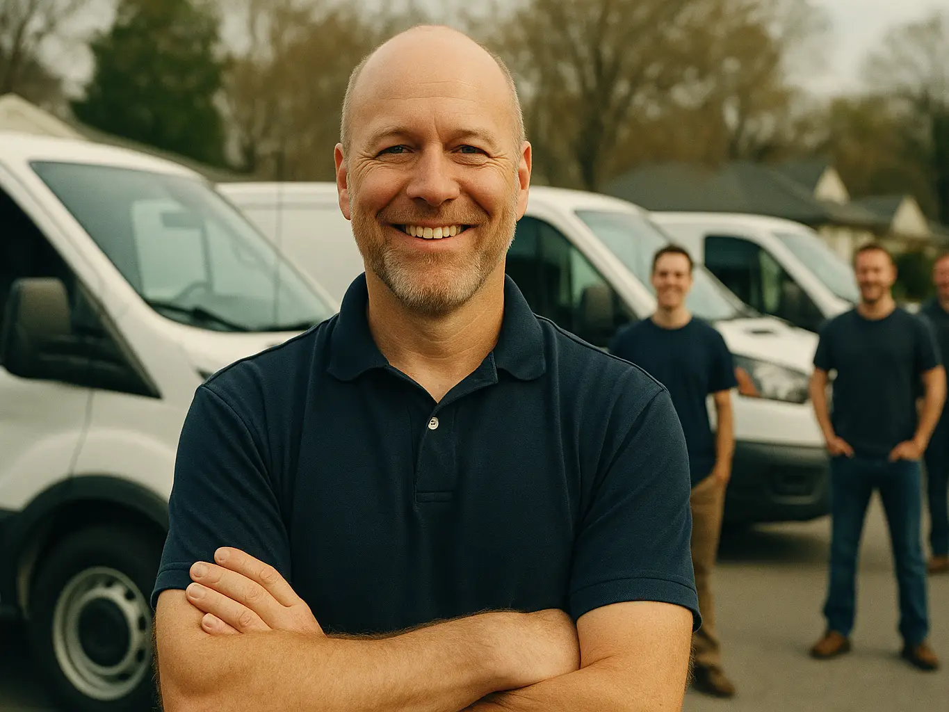 Smiling electrical contractor owner in front of his vans