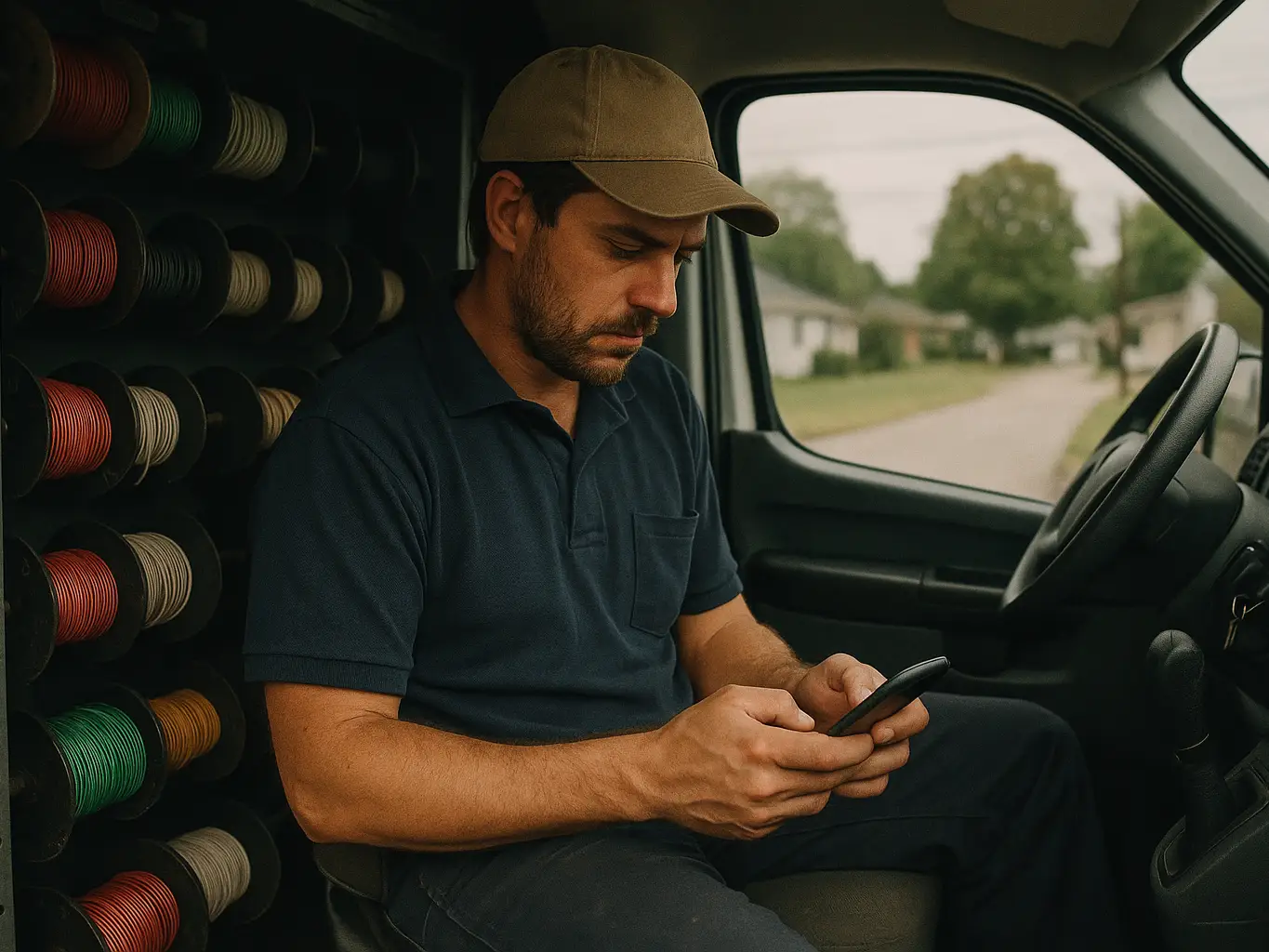 Electrician scrolling a lead app in his van between jobs