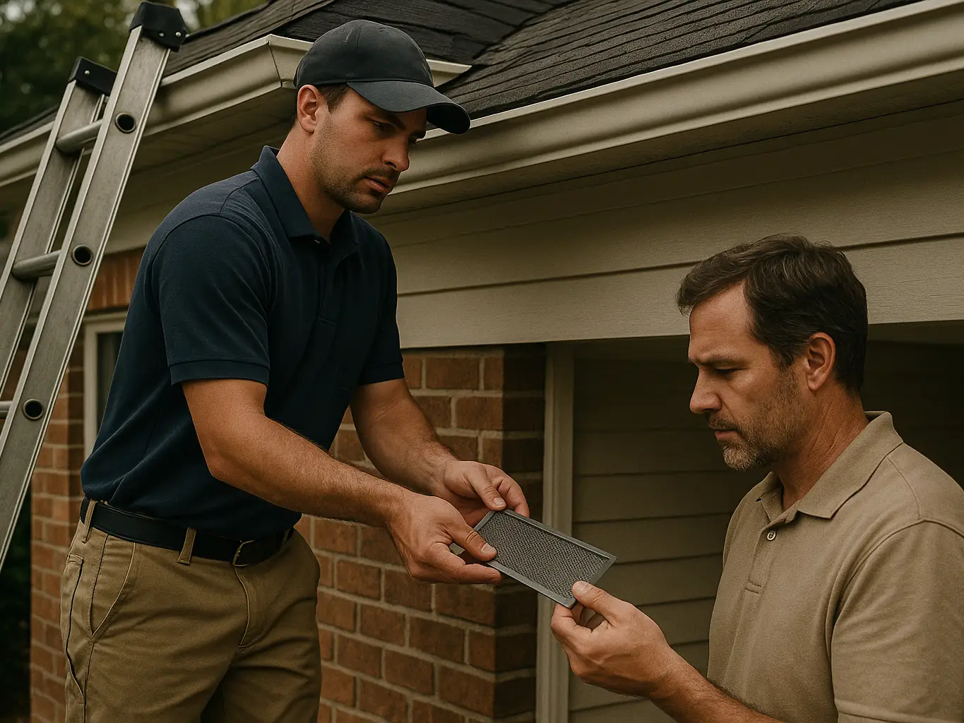 Gutter estimator demonstrating a gutter-guard sample to a homeowner at the eave