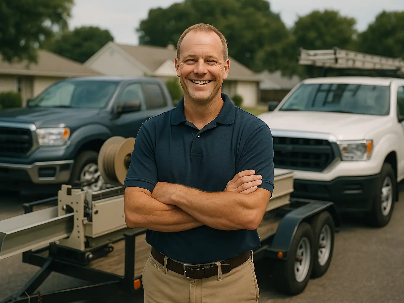 Smiling gutter company owner with his machine trailer and trucks