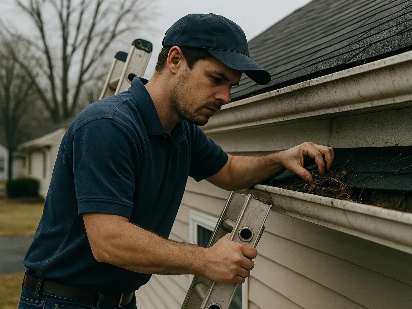 Rep inspecting clogged gutters alone with no homeowner home