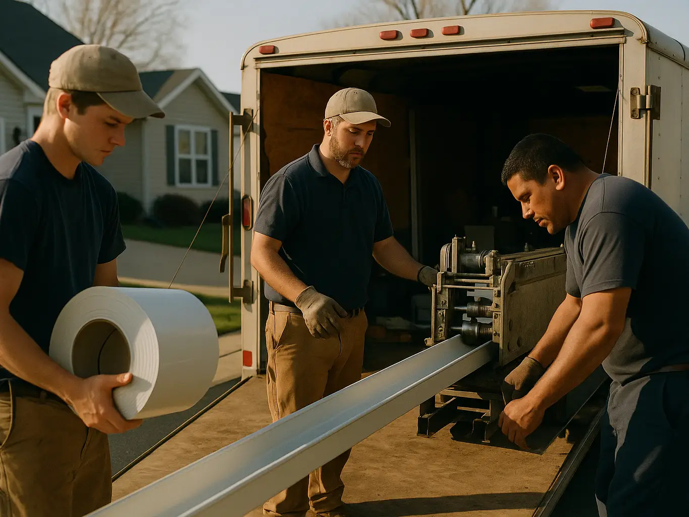 Gutter crew at the trailer with coil stock before the day’s appointments