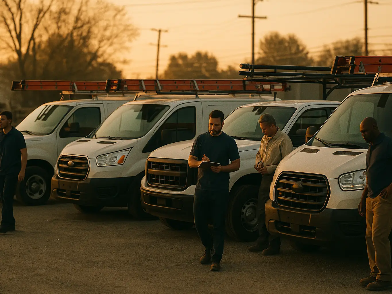 Row of contractor work trucks from different trades parked at a supply yard in the morning