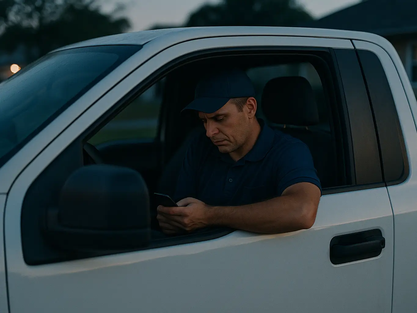 Tired field sales rep sitting in a pickup truck at dusk looking at a phone showing an exhausted call list