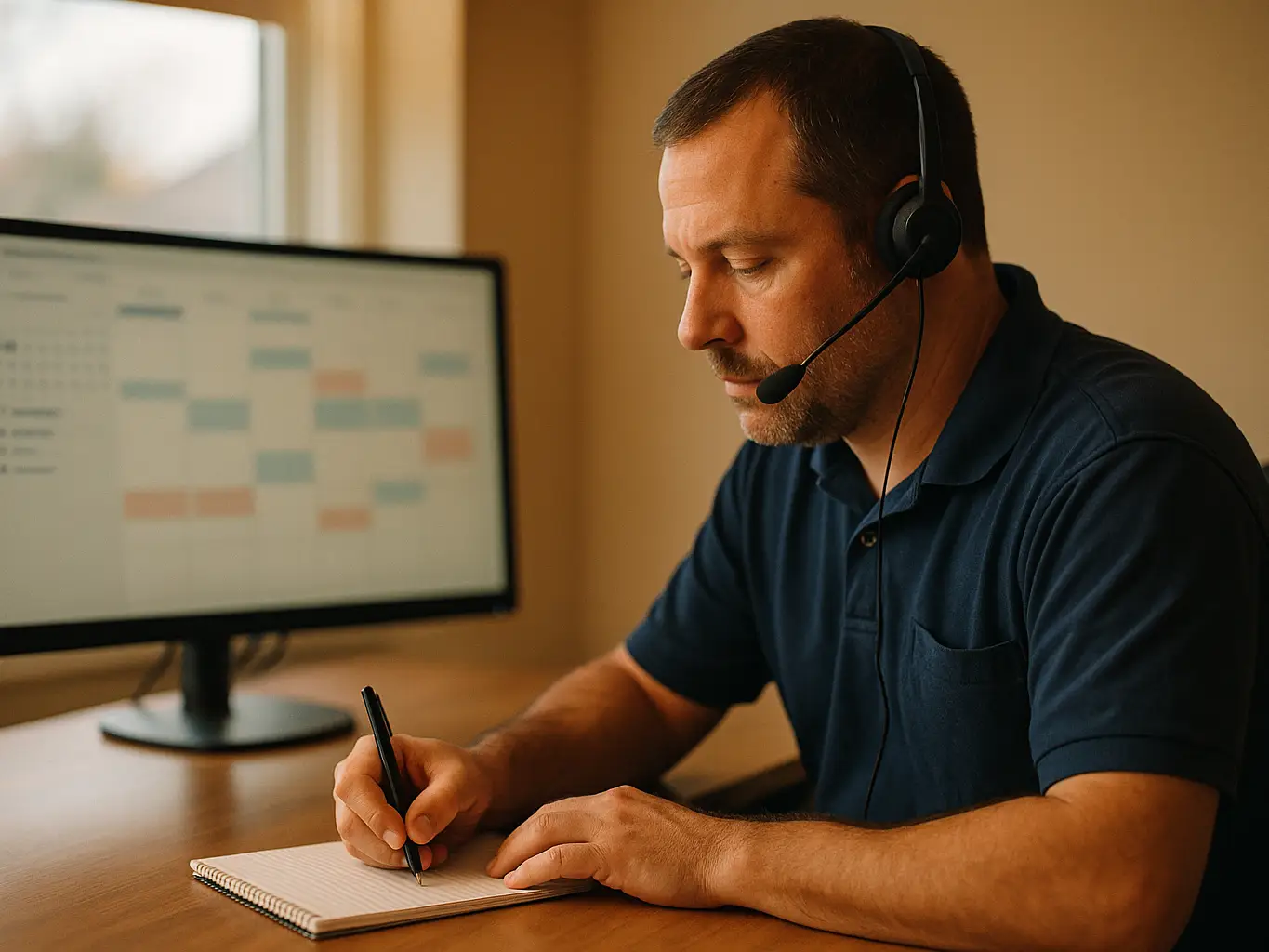 Appointment setter on a headset confirming a home services appointment beside a calendar screen