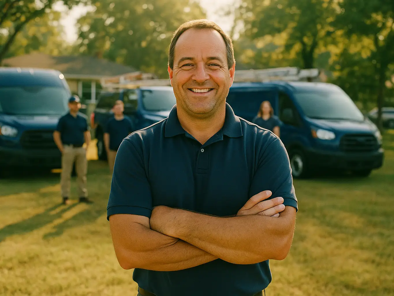 Smiling home services company owner standing confidently in front of a row of wrapped work trucks in the morning