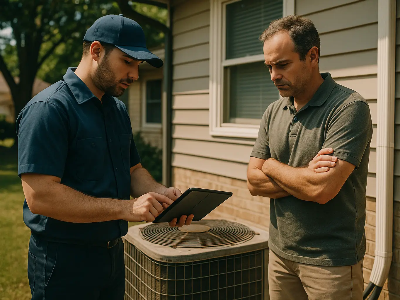 HVAC comfort advisor walking a homeowner through a replacement proposal beside an aging condenser