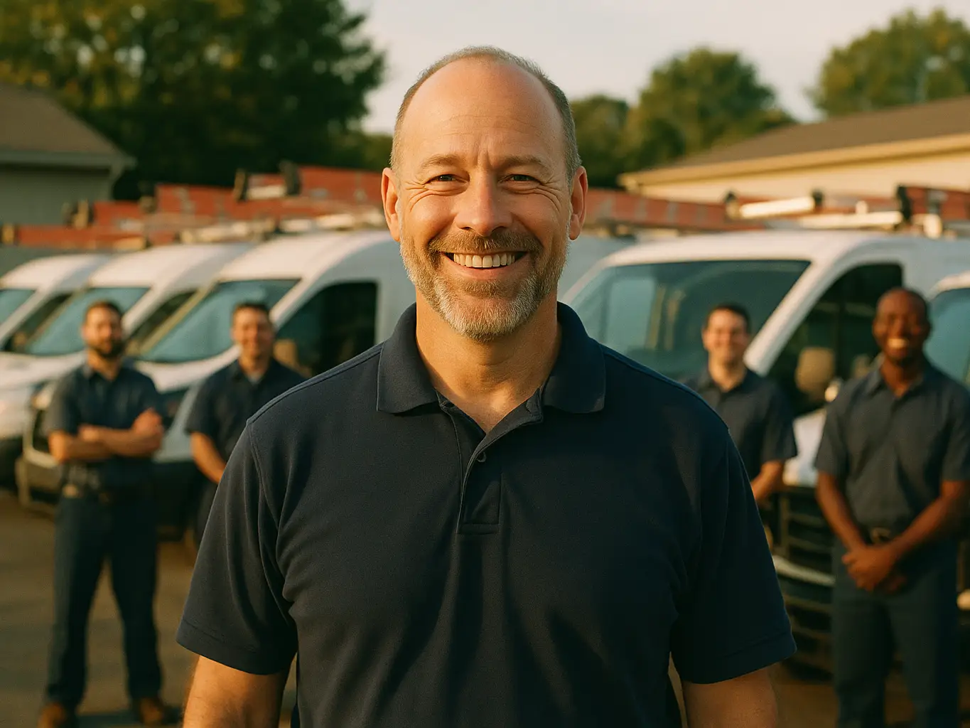 Smiling hVAC company owner in front of his service vans