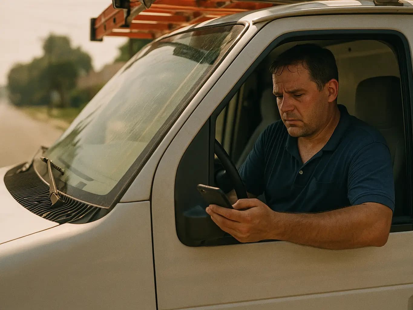 HVAC rep in a hot service van scrolling a shared-lead app between jobs