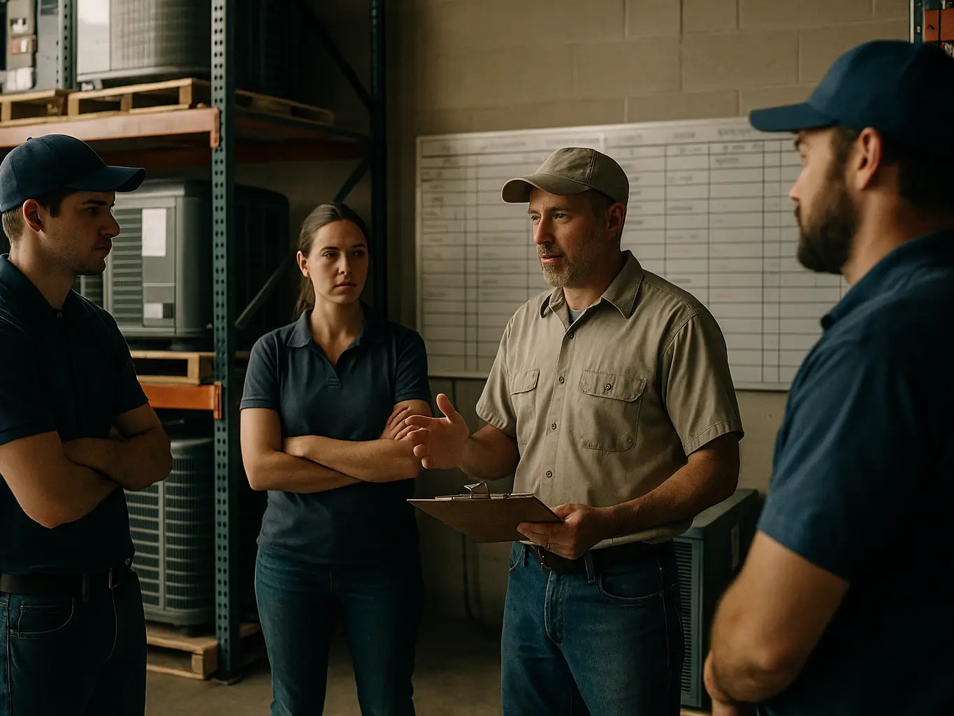 HVAC team reviewing the day’s appointment schedule at a morning shop meeting