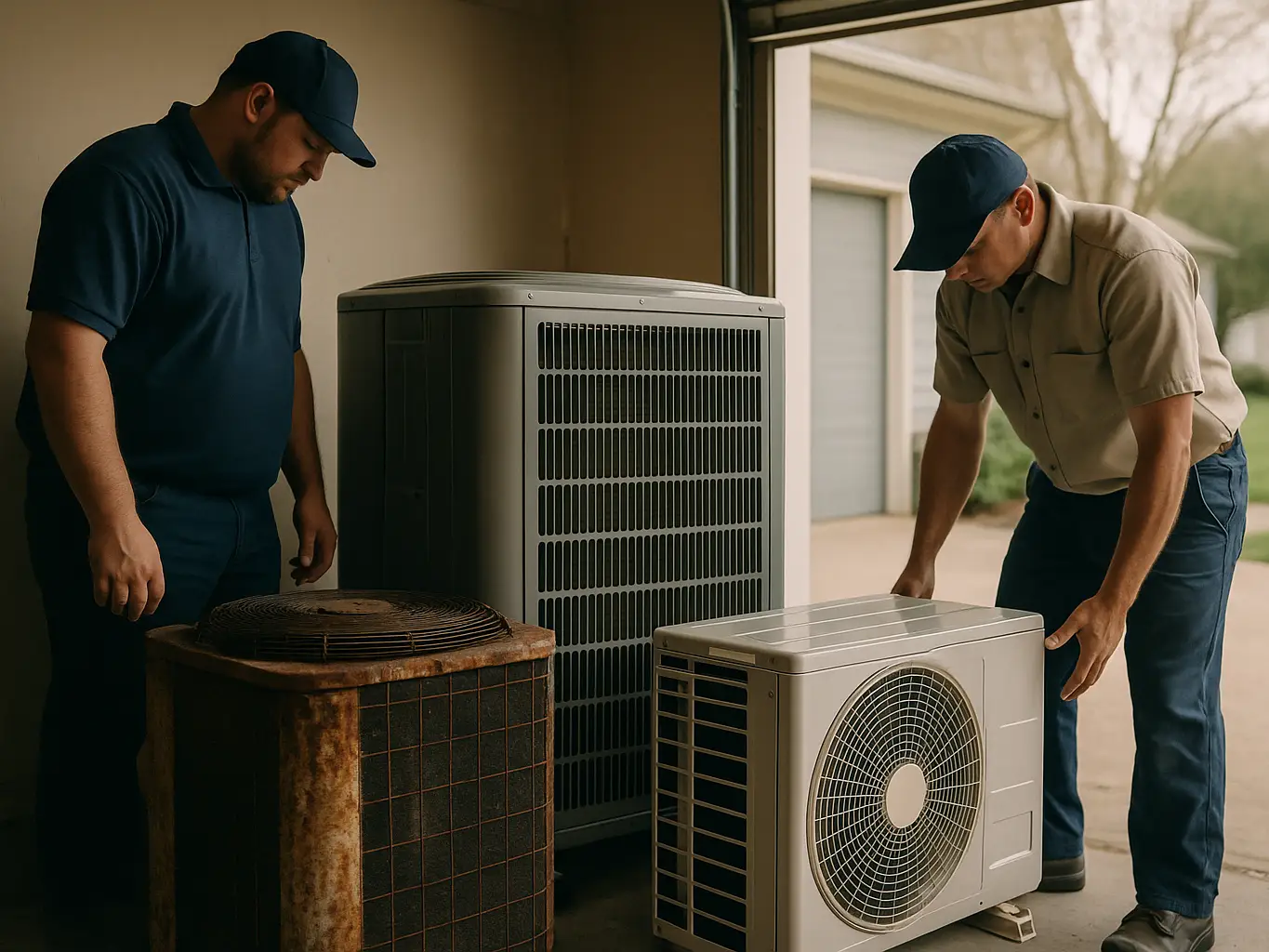 New heat pump and ductless units staged beside an aging condenser marked for replacement