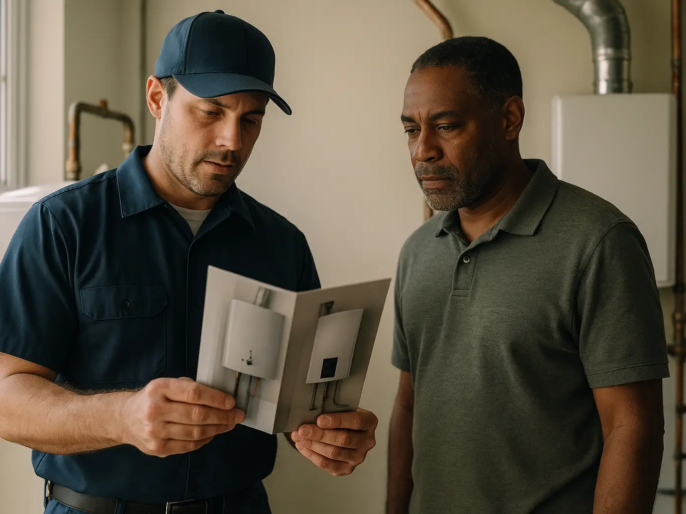 Plumber walking a homeowner through a tankless water heater upgrade in their utility room