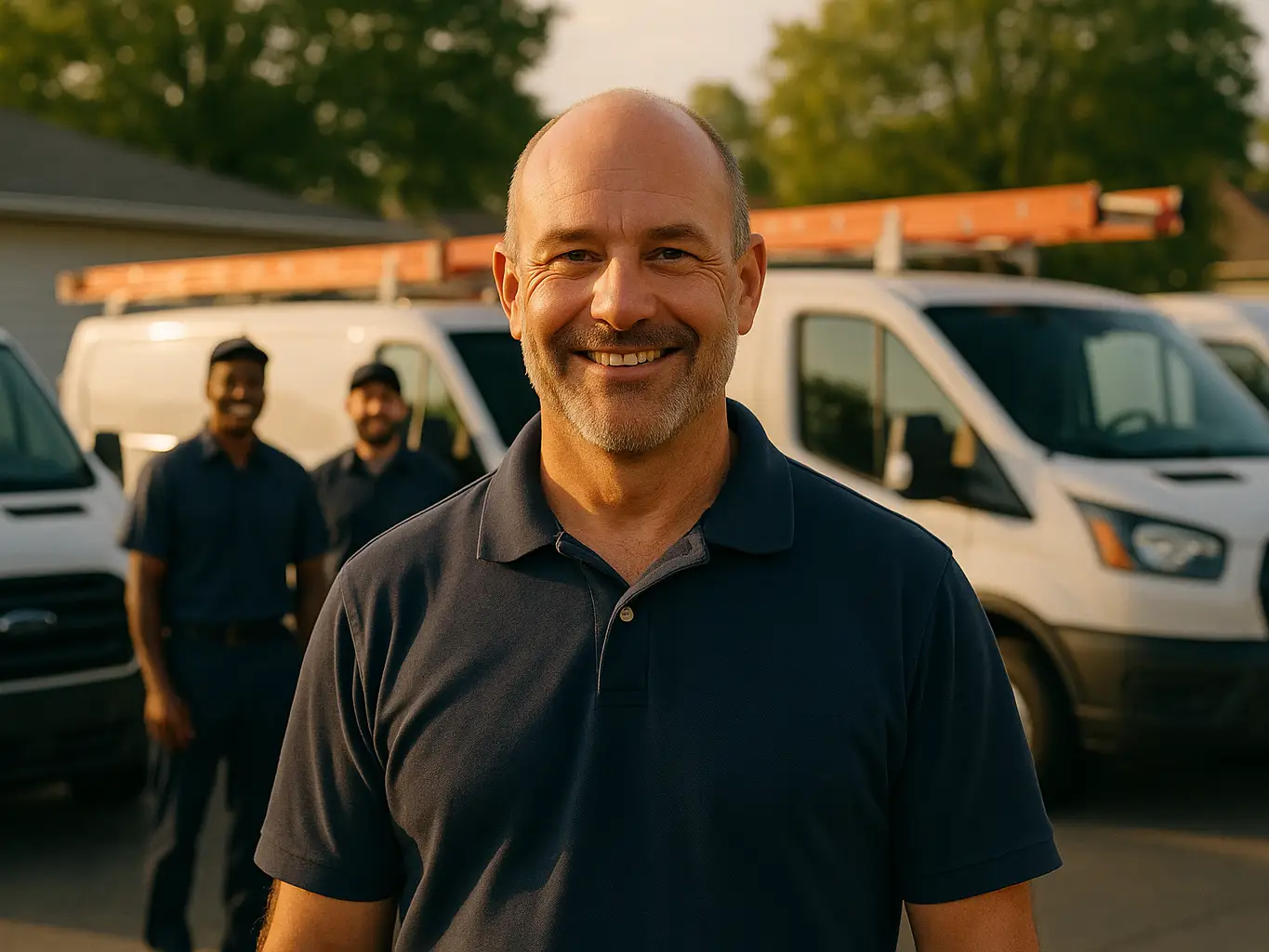 Smiling plumbing company owner in front of his service vans