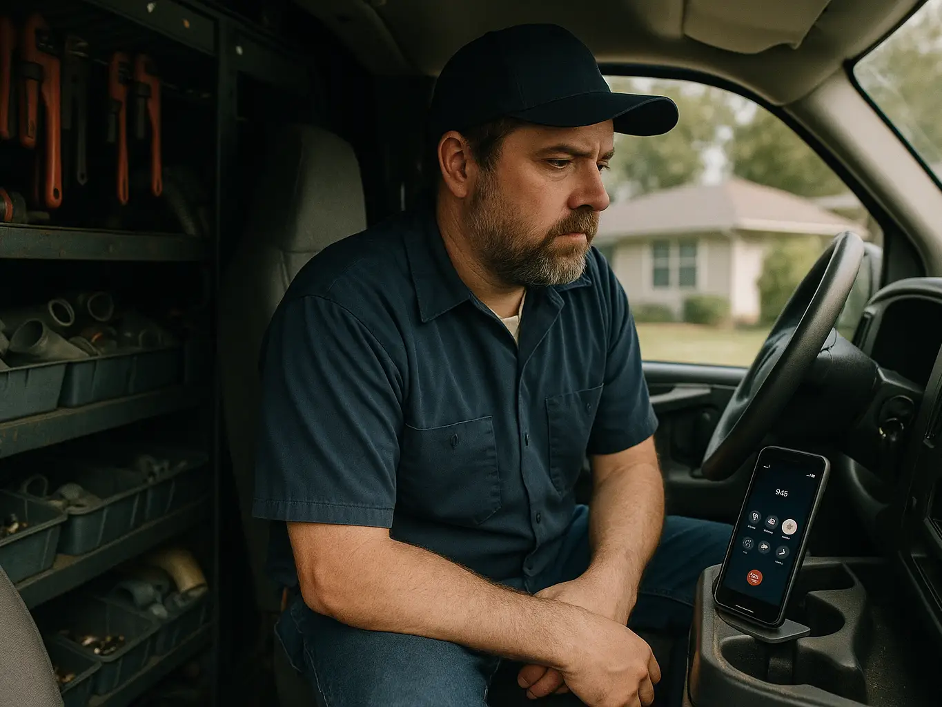 Plumber on hold with a lead marketplace from his service van