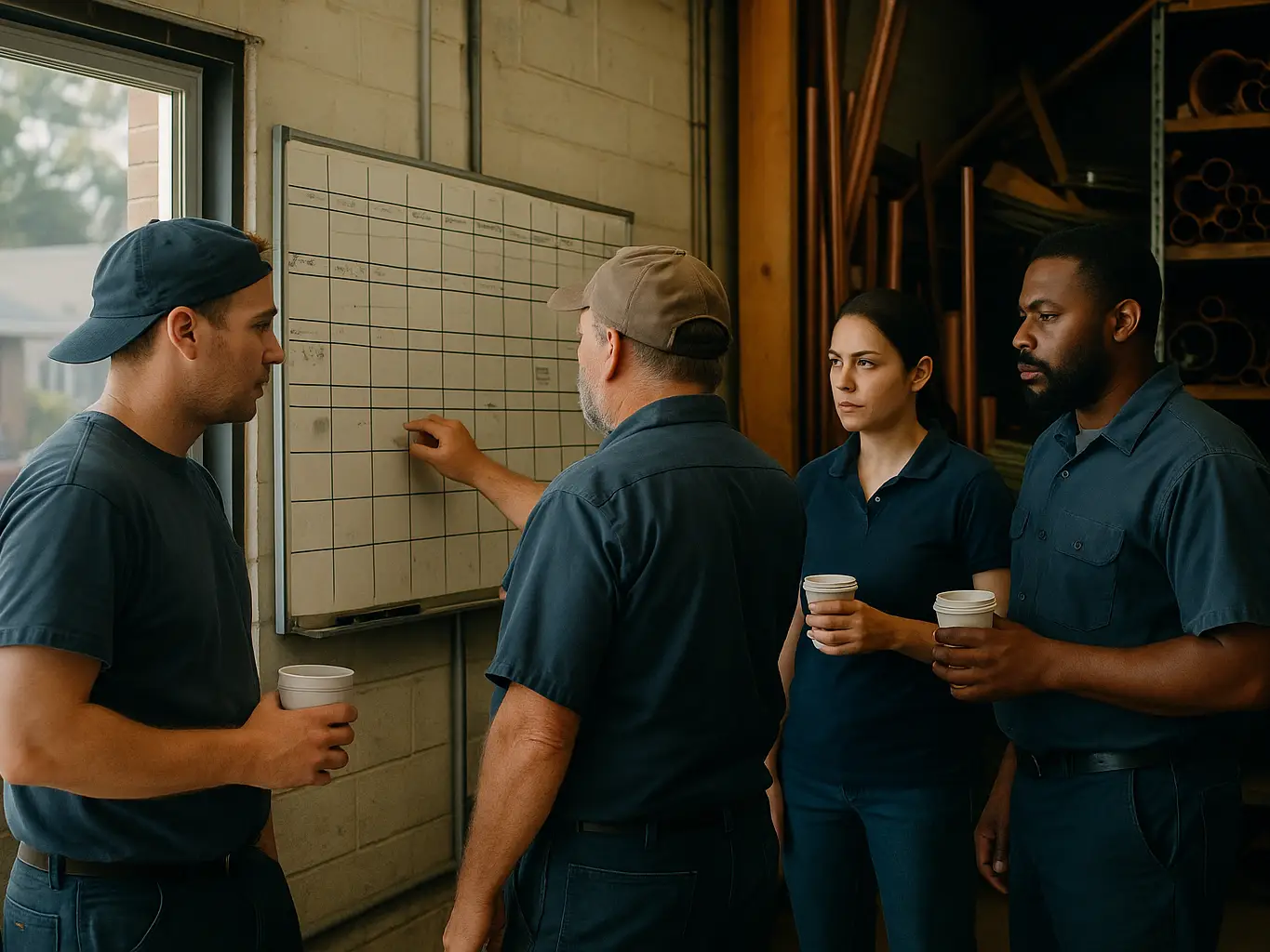 Plumbing team reviewing the whiteboard schedule at the shop
