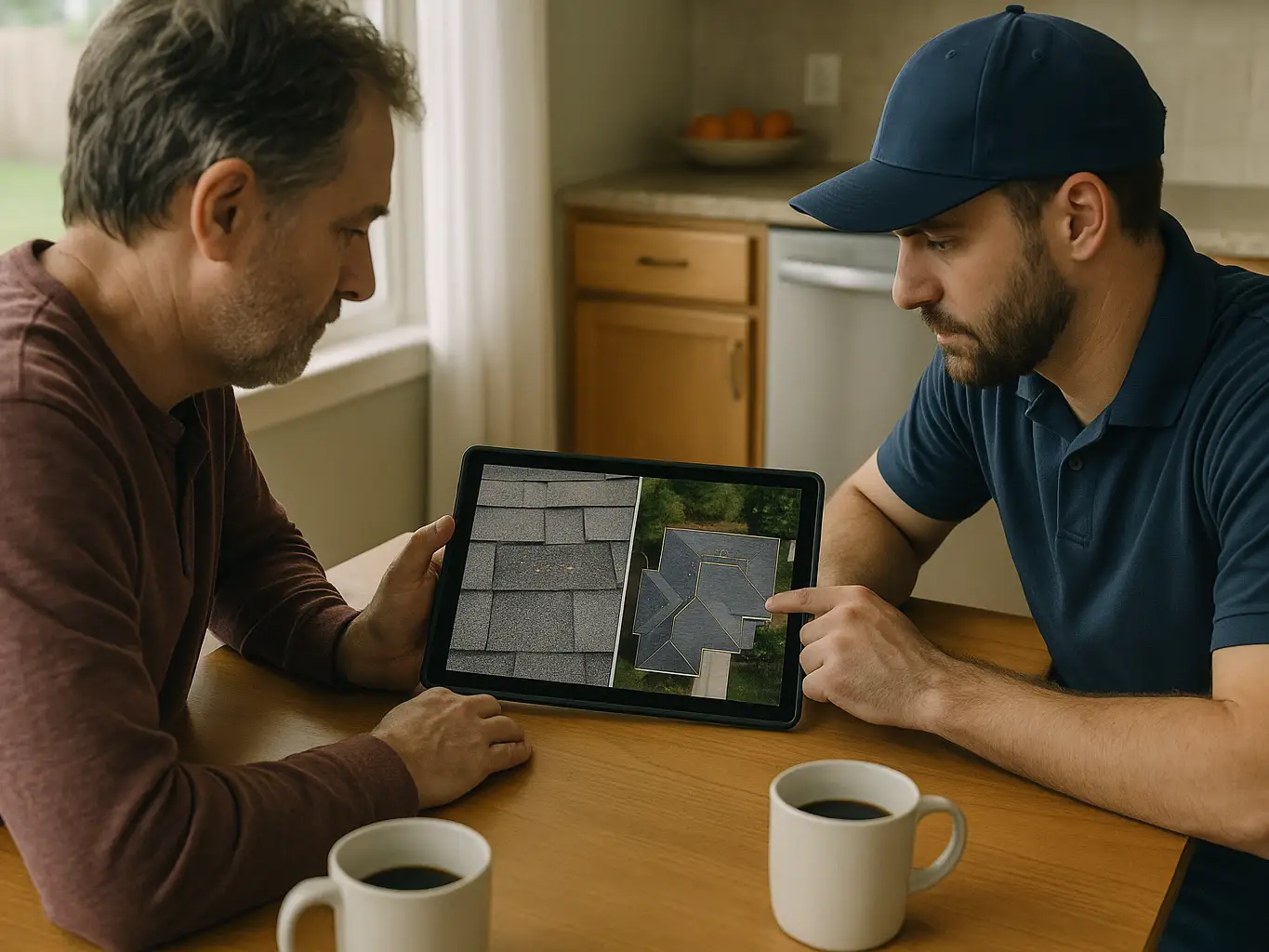 Roofing closer reviewing a scheduled in-home appointment with a homeowner at their kitchen table