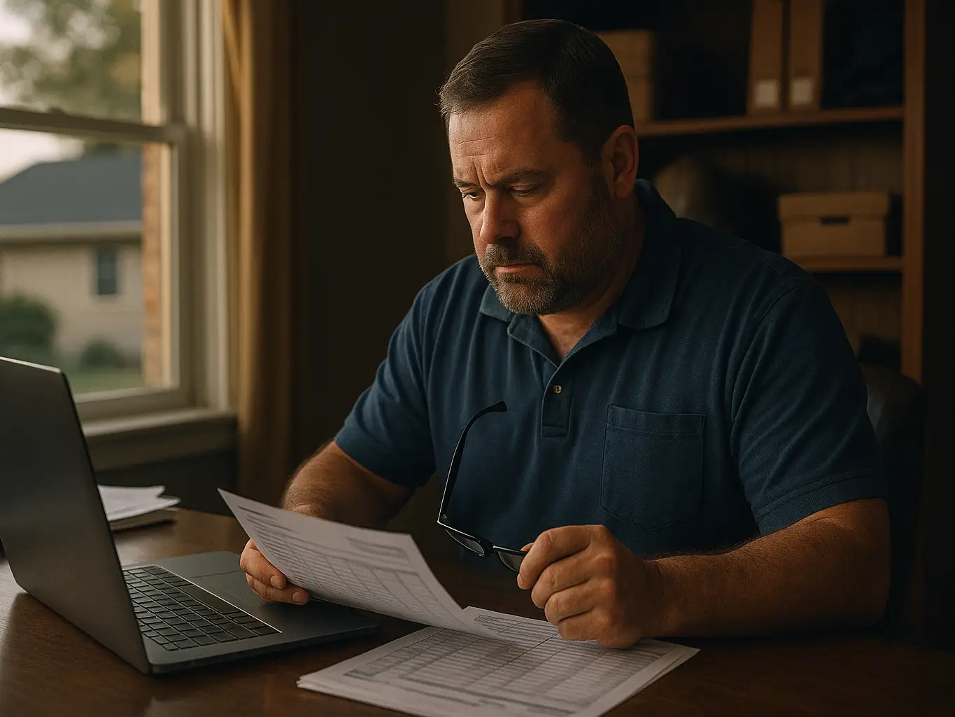 Roofing company owner comparing the cost of purchased roofing leads at his desk