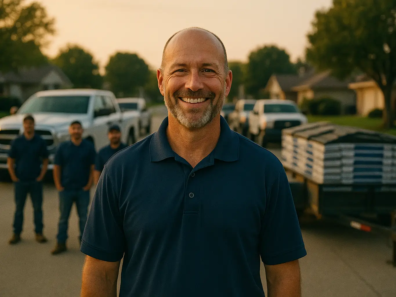 Smiling roofing company owner in front of his trucks and material trailer at dawn