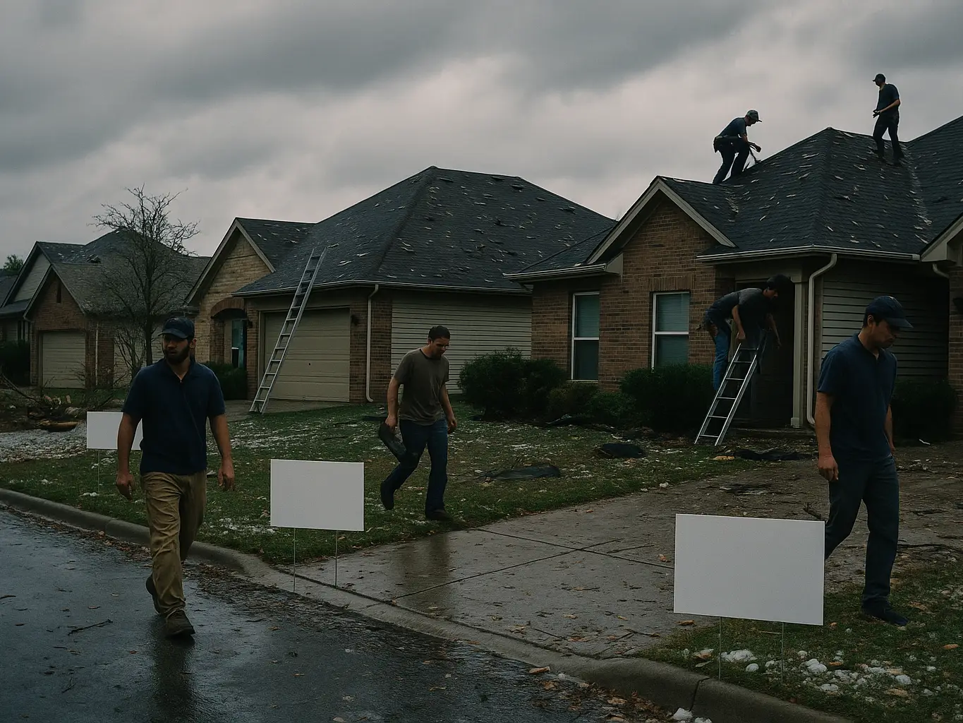Storm-damaged street with competing roofing company yard signs on multiple lawns