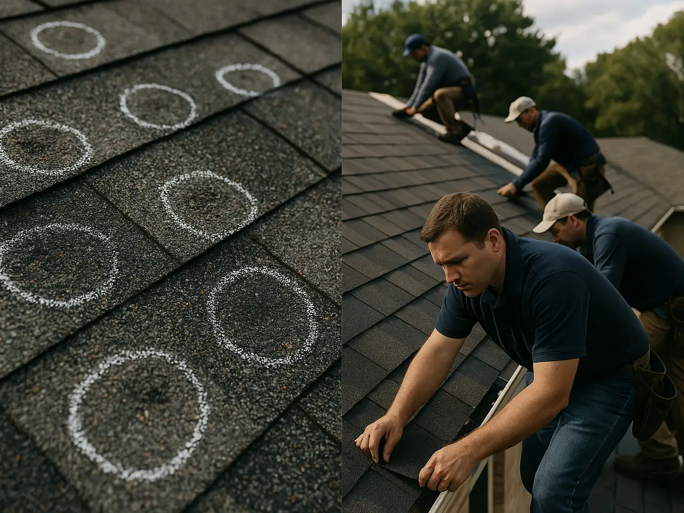 Storm-damaged shingles marked for inspection beside a new roof replacement in progress