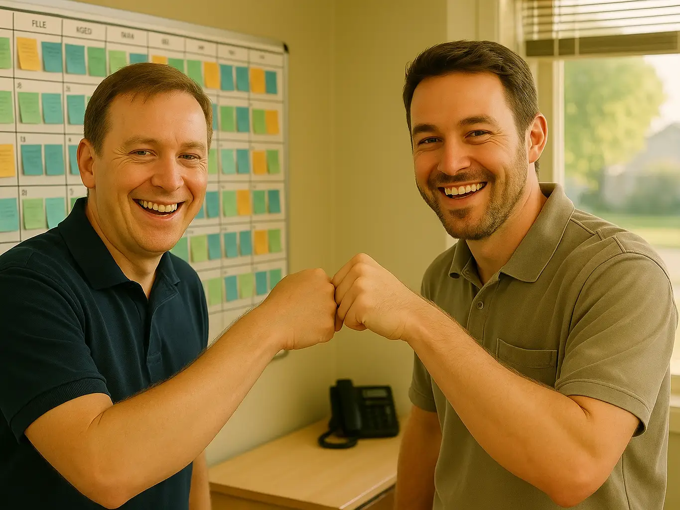 Two upbeat sales reps smiling over a wall calendar filled with scheduled in-home appointments