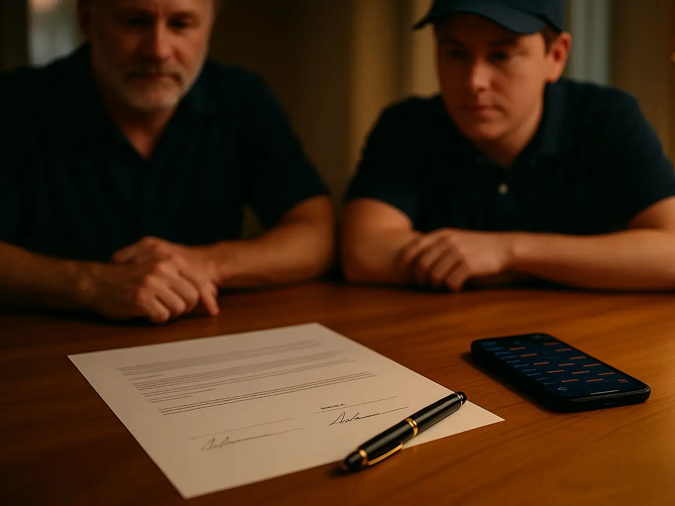 Signed service agreement on a desk beside a phone showing a calendar of booked appointments