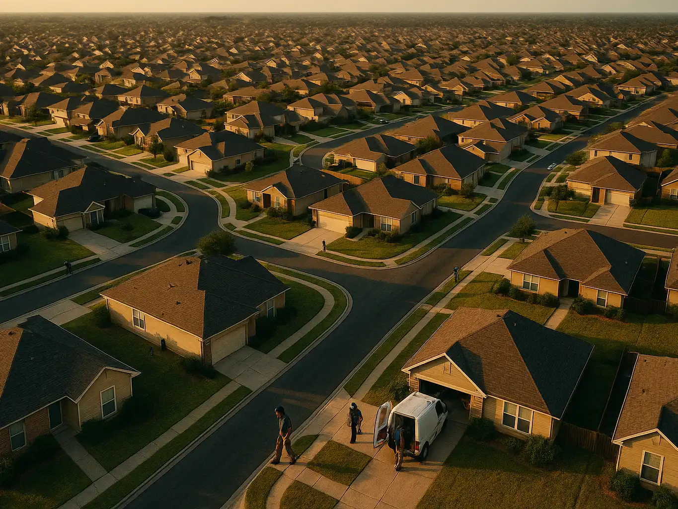 Aerial view of American suburban neighborhoods stretching to the horizon