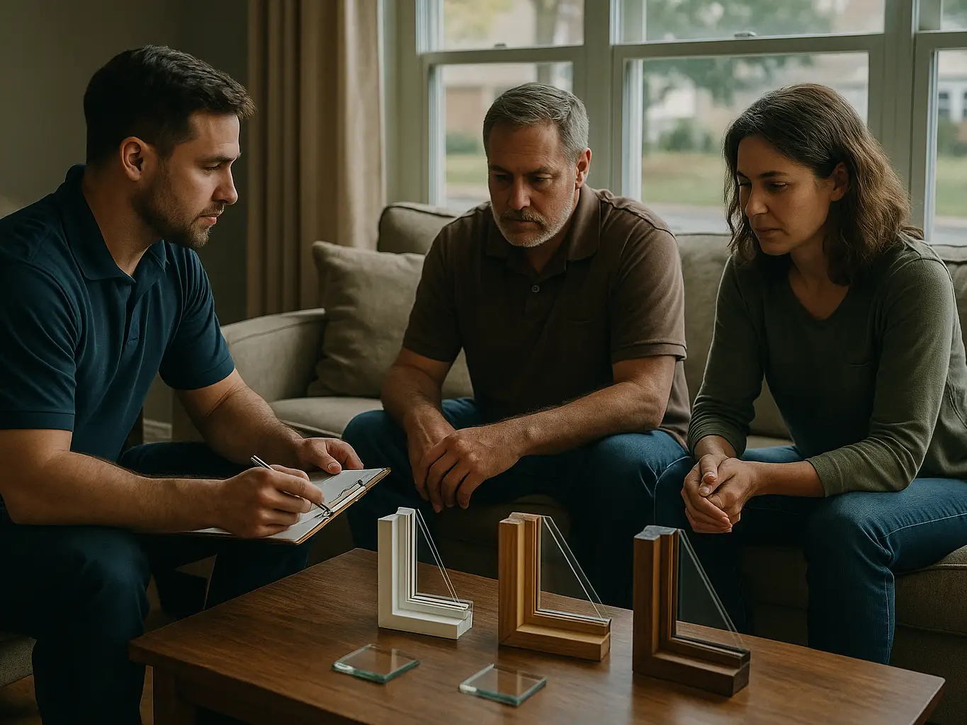 Window closer demonstrating sample corners to both homeowners at a scheduled in-home consult