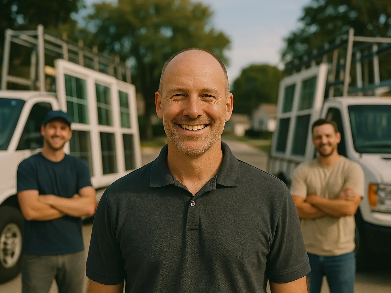 Smiling window company owner in front of trucks with window racks