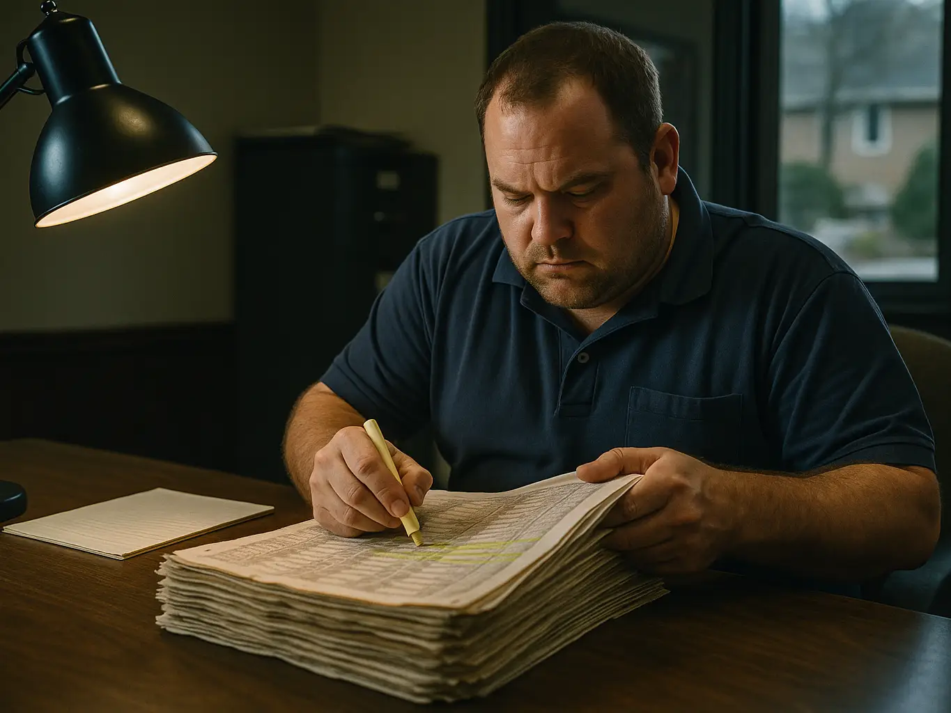 Window sales rep working a stack of aged lead printouts at a desk
