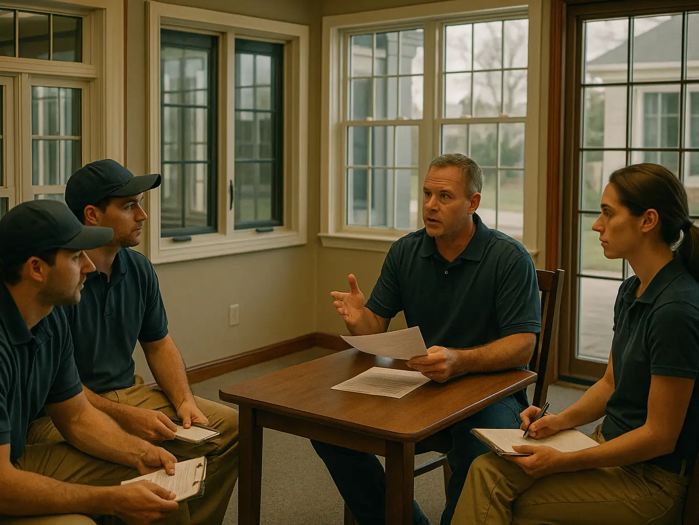 Window sales team meeting in a showroom of full-size samples
