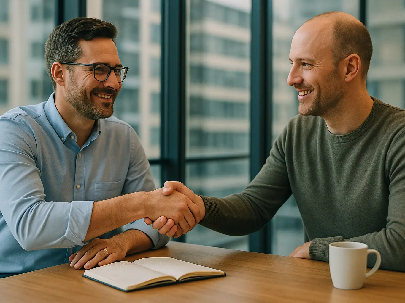 Sales leader closing an engagement with a headhunter in a glass-walled office