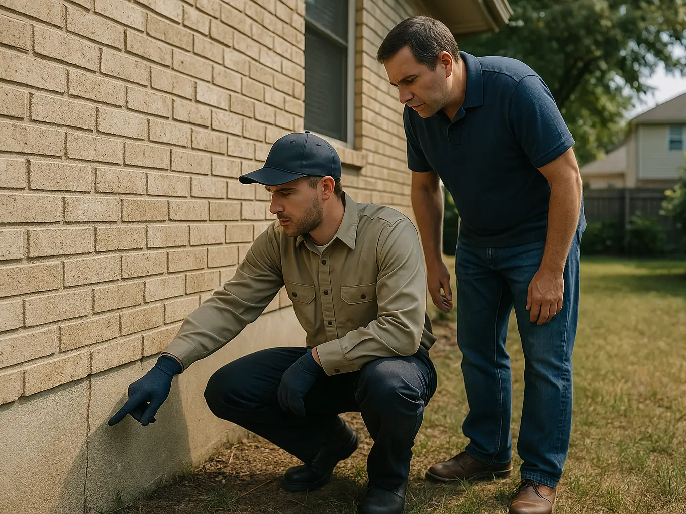 Pest control inspector showing a homeowner termite evidence along the foundation during a scheduled inspection