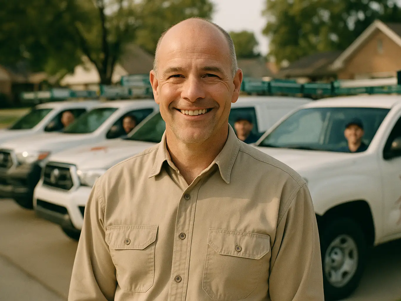 Smiling pest control company owner in front of his fleet
