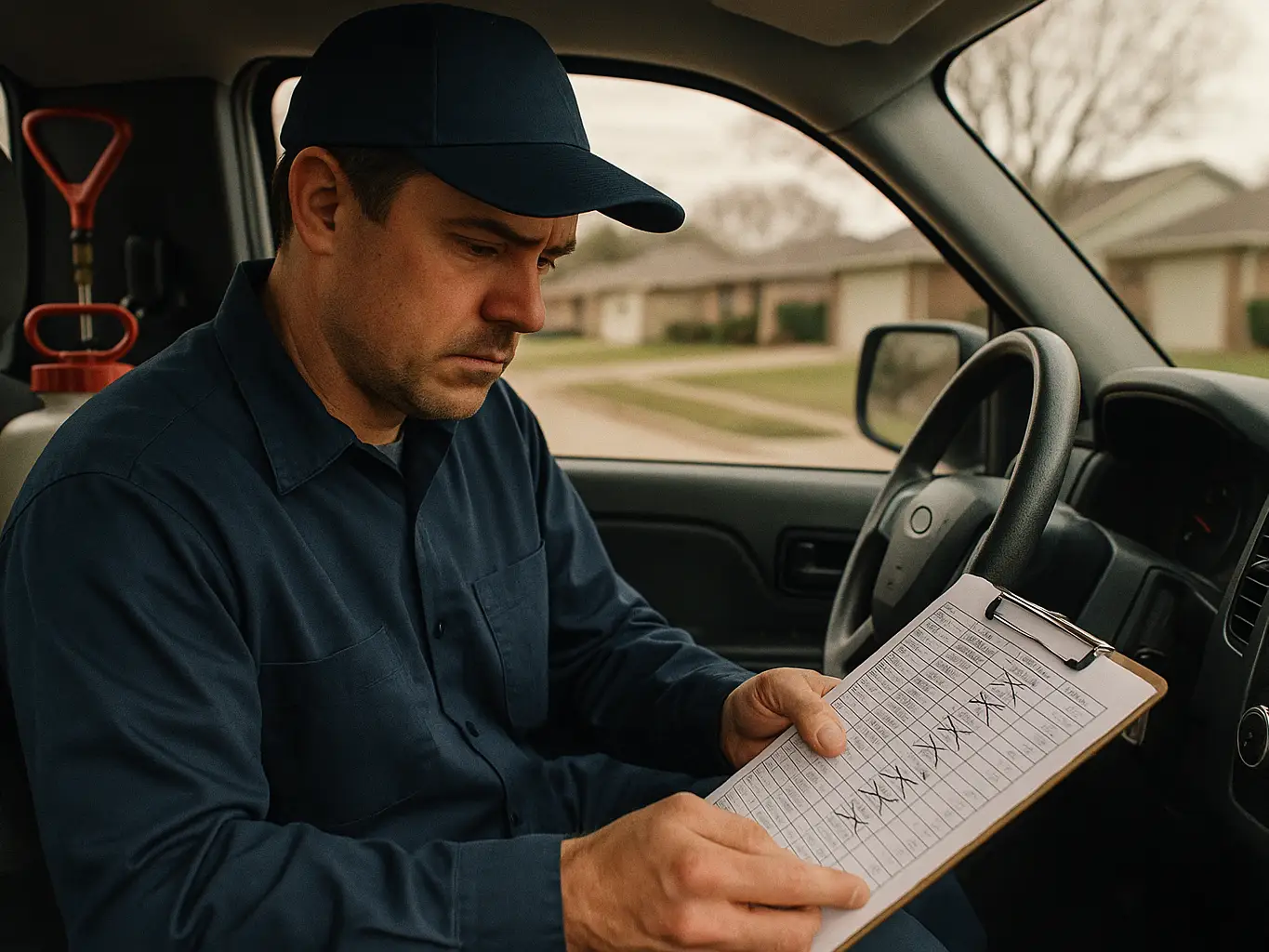 Pest control tech reviewing a route sheet full of cancellations in his truck