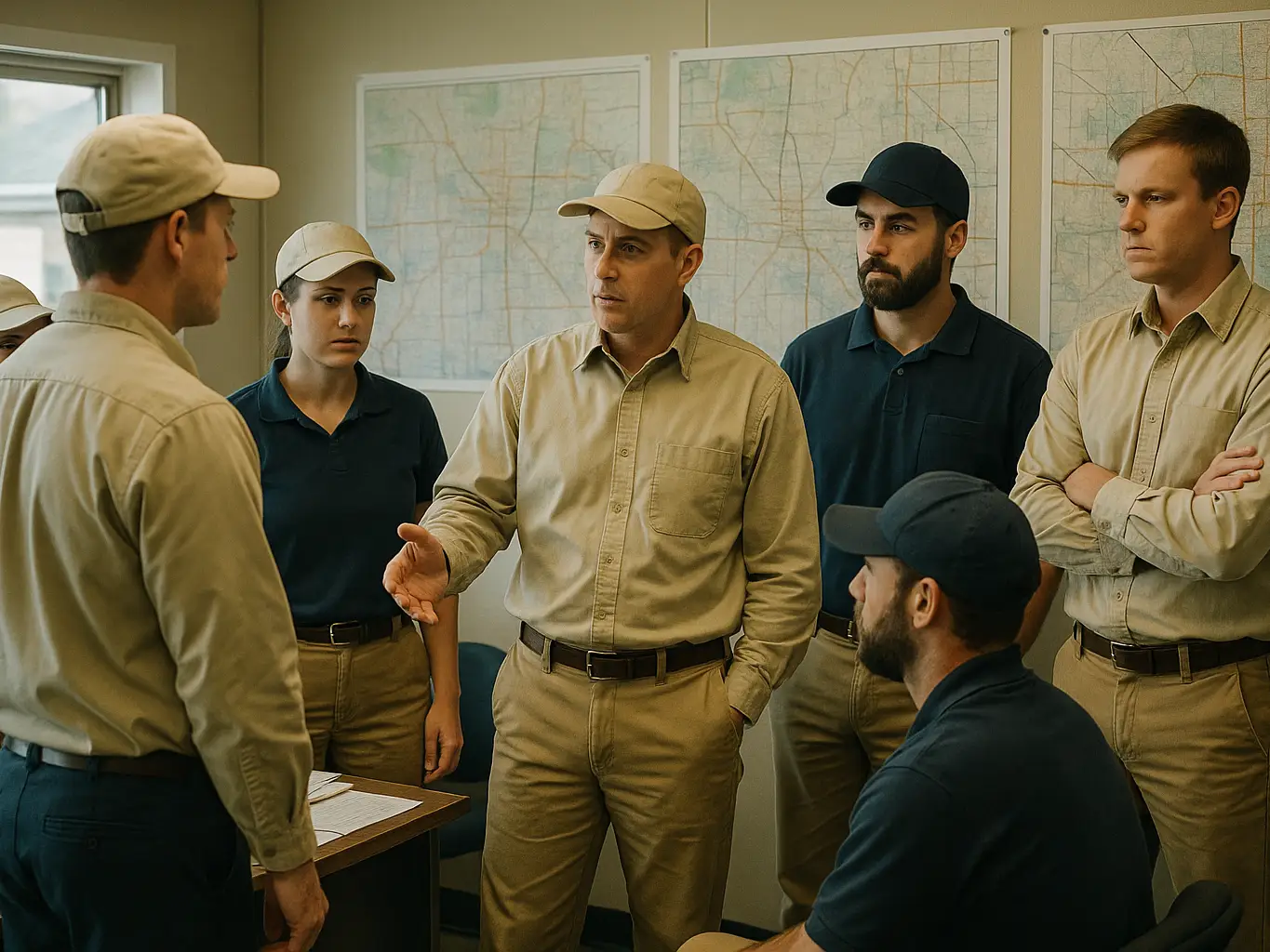 Pest control sales team at a branch-office morning huddle