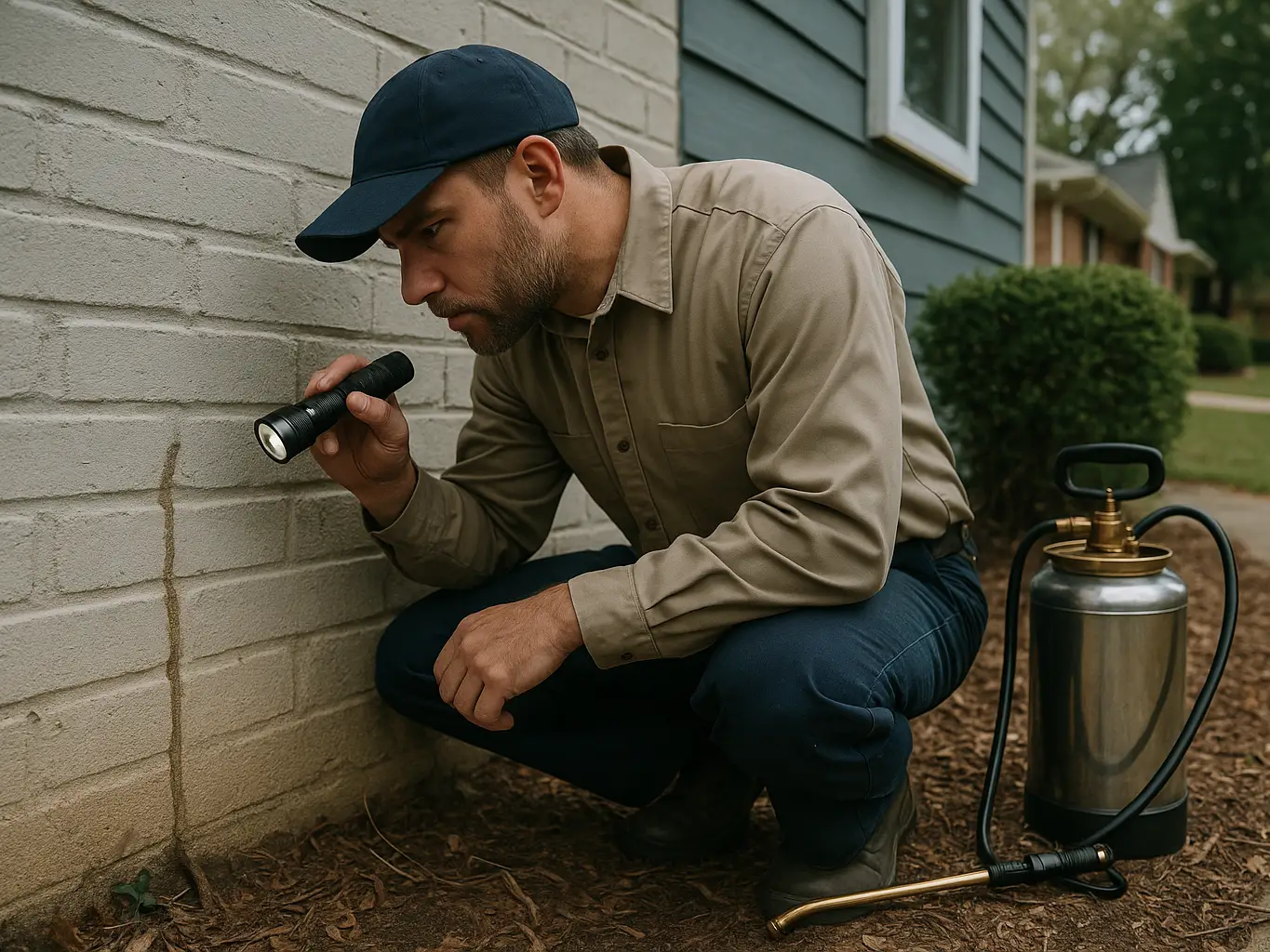 Termite inspection at a home foundation, one of the pest control lead types we qualify