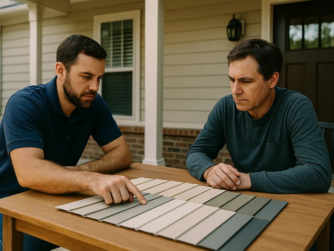 Siding closer fanning out samples with a homeowner at a scheduled porch consult