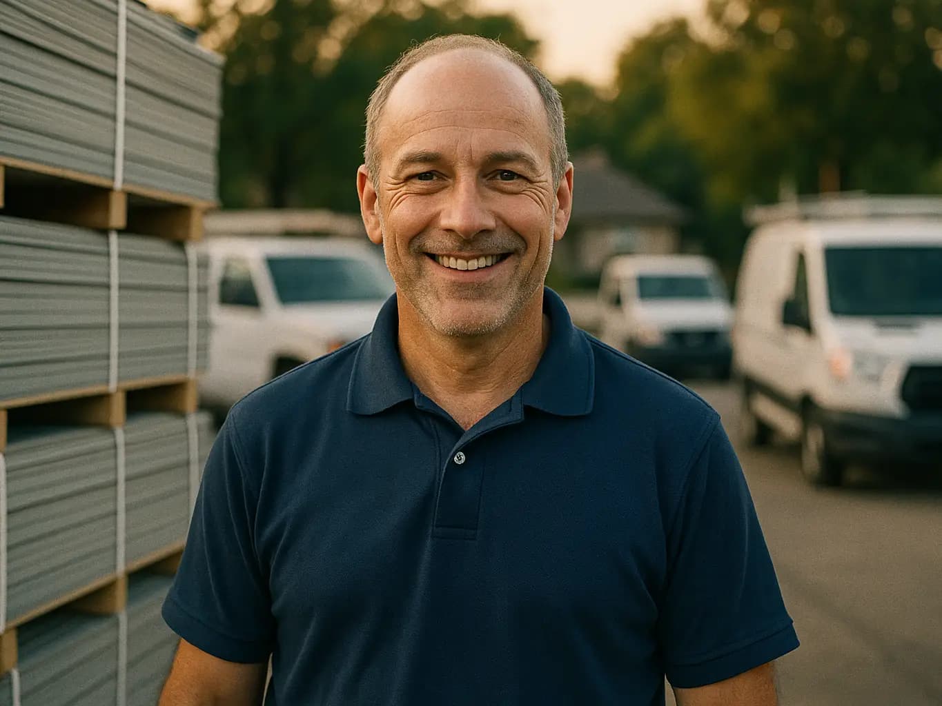 Smiling siding company owner in front of trucks and siding pallets