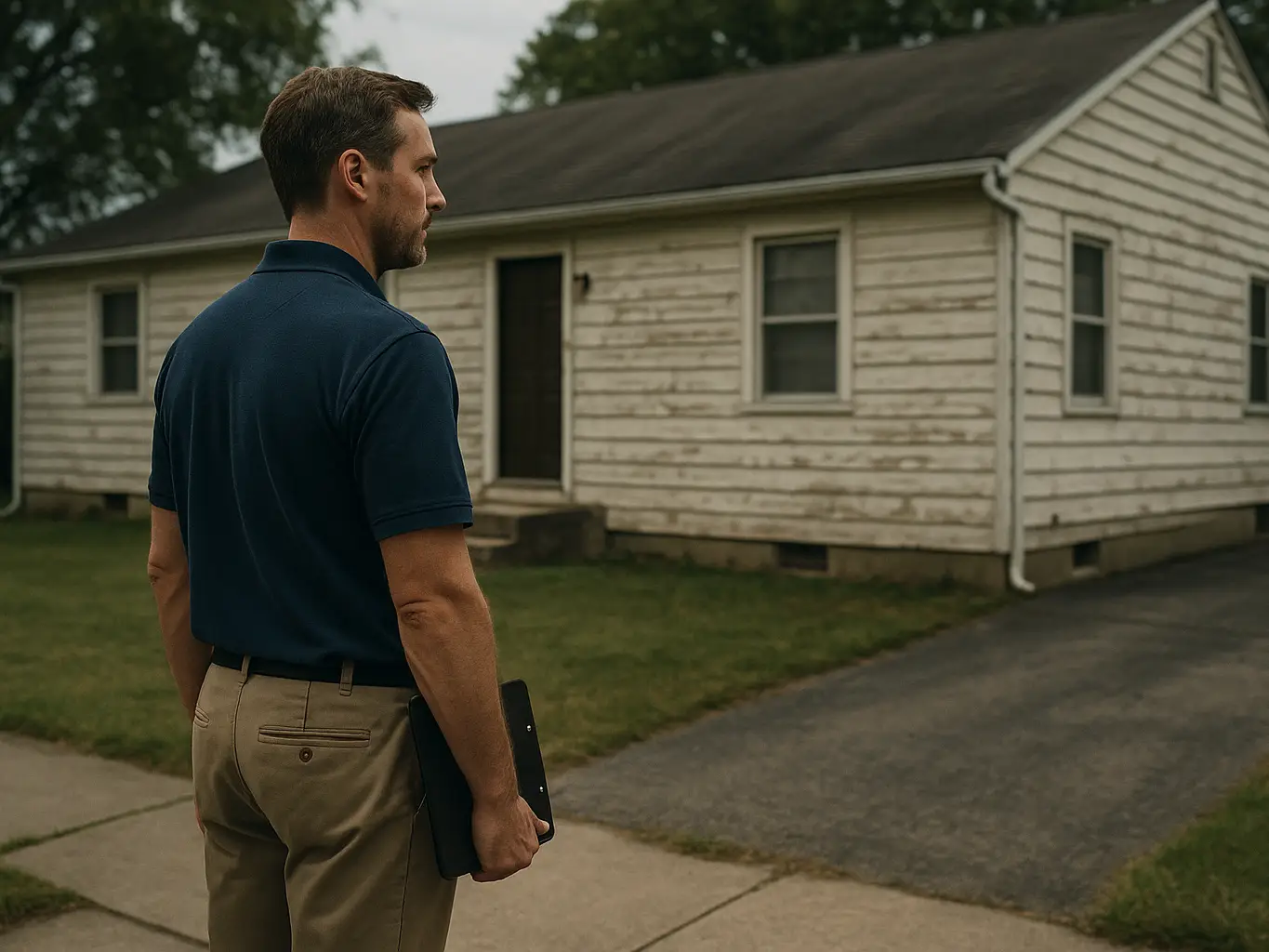Siding rep sizing up a home with peeling siding and nobody home