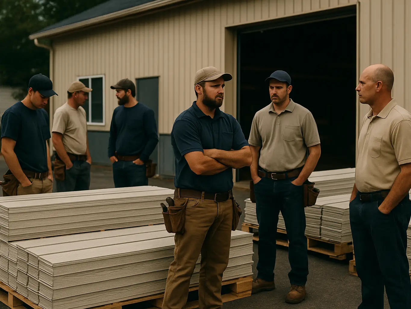 Siding crew at the shop beside pallets of panels