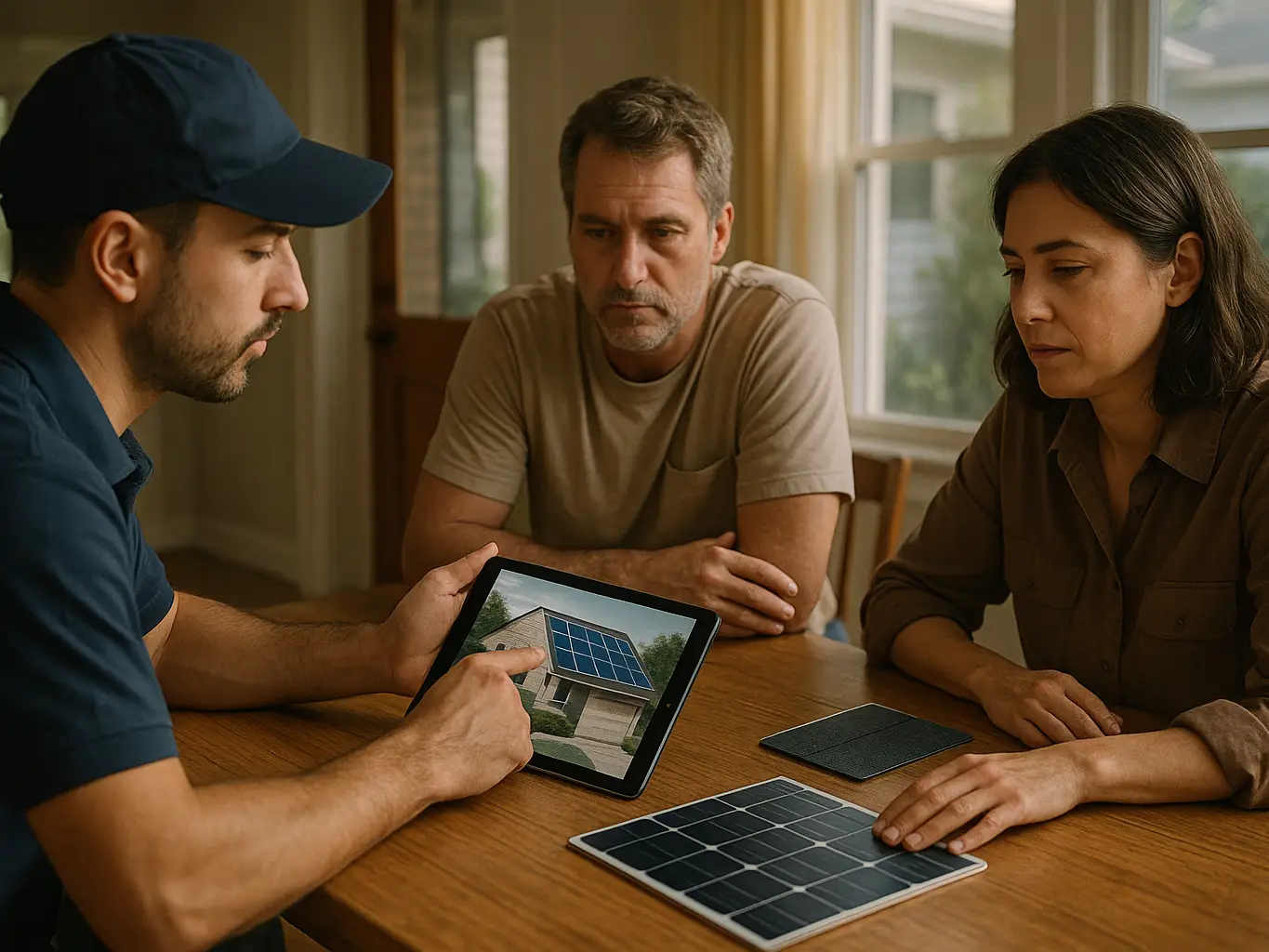 Solar consultant reviewing a panel layout with both homeowners at their dining table