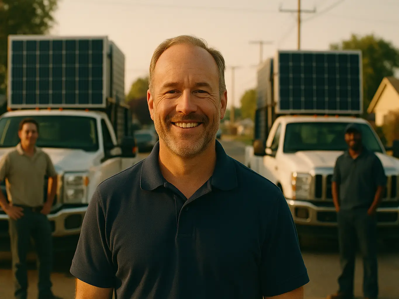 Smiling solar company owner in front of trucks loaded with panels