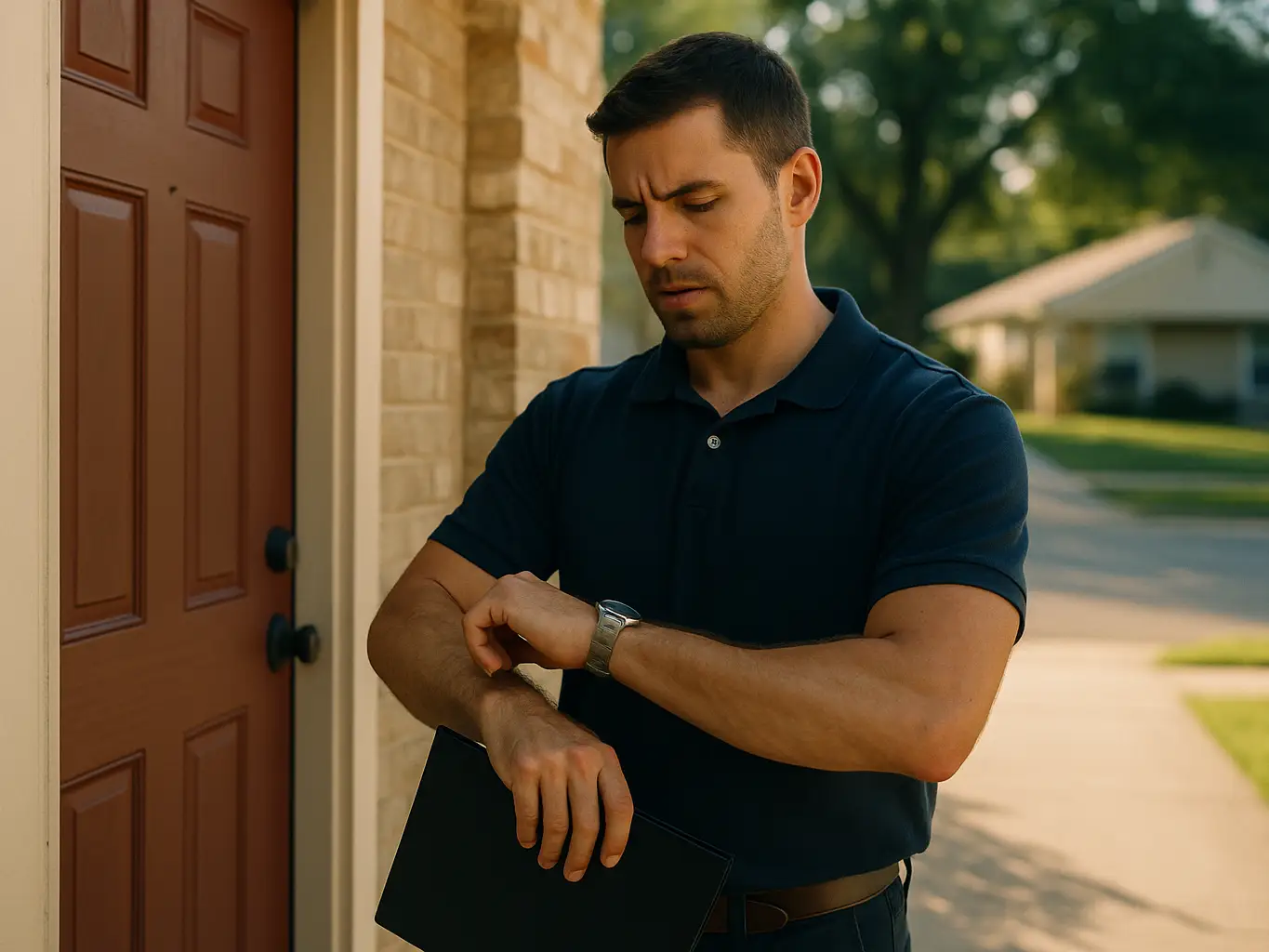 Solar closer waiting at a front door for an appointment that never answers