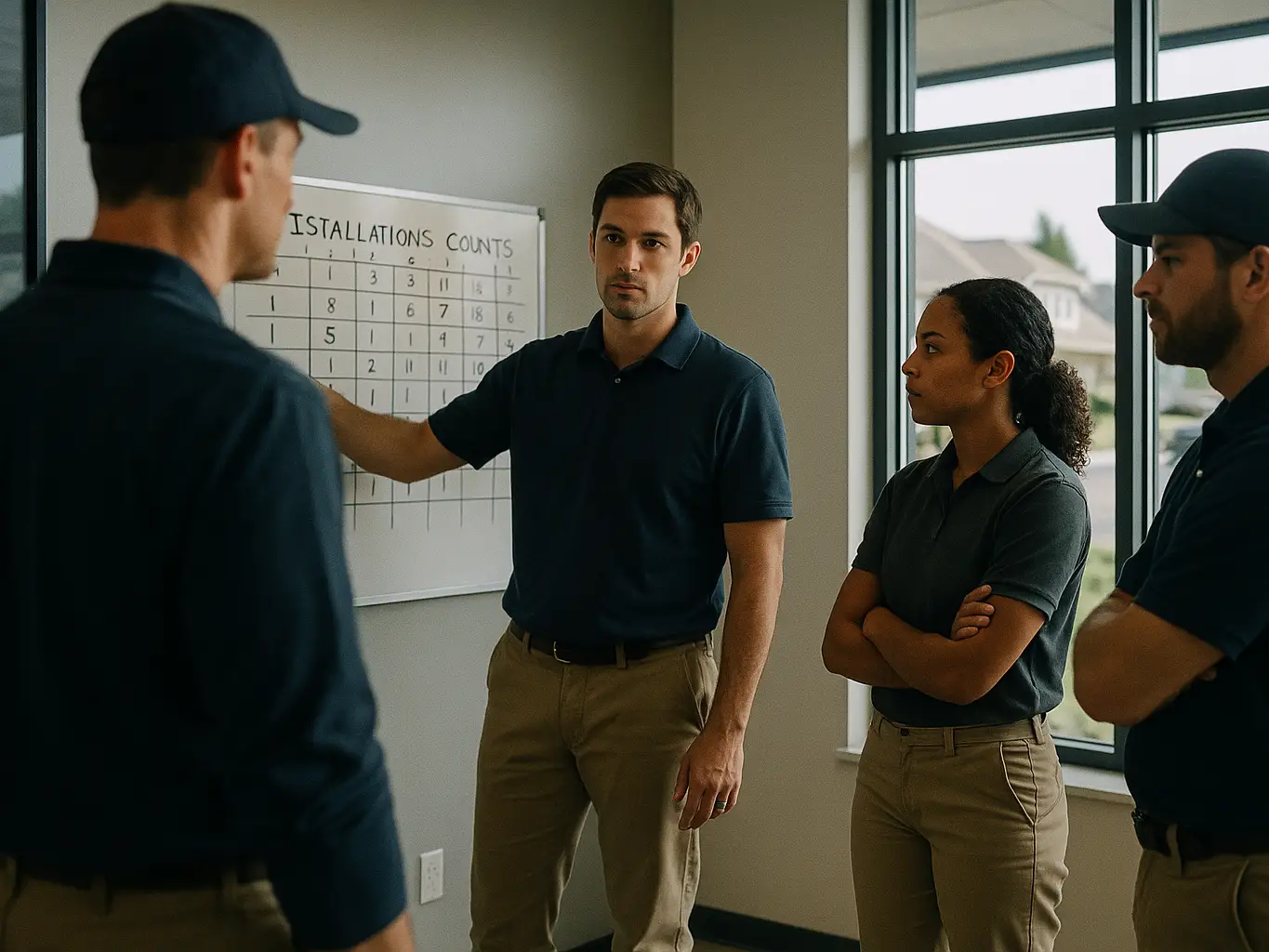 Solar sales team standup in front of an install whiteboard