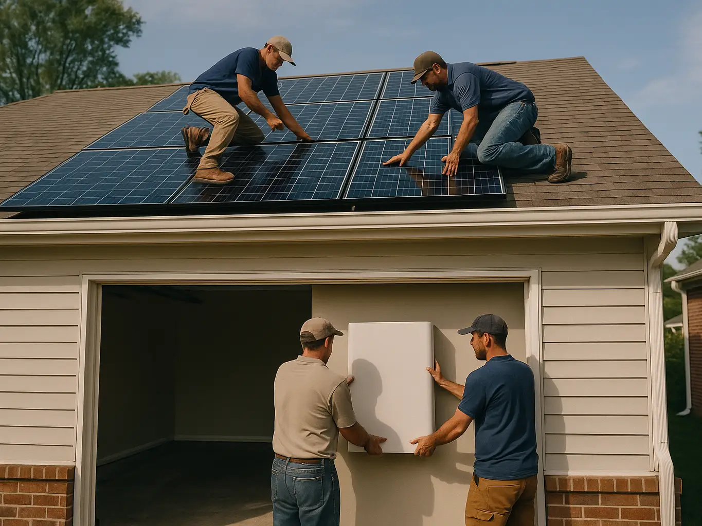 Rooftop solar installation with home battery storage being mounted below
